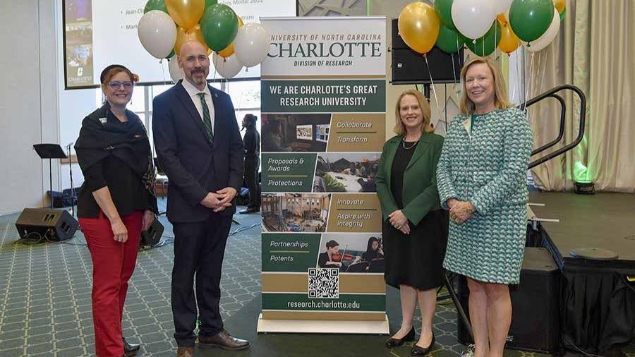 Photo of Deb Thomas, associate vice chancellor for research; John Daniels, vice chancellor for research; Jennifer Troyer, provost; and Sharon L. Gaber, chancellor.