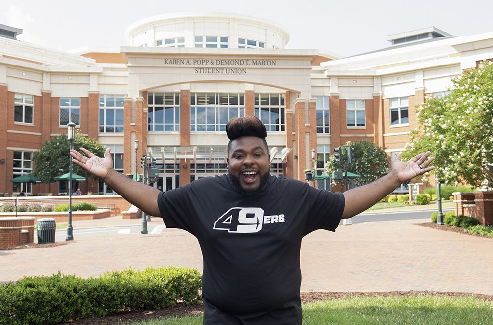 Lance on campus by the student union