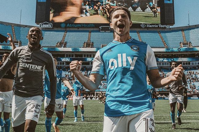 Bronico celebrating after a Charlotte FC match in Bank of America Stadium