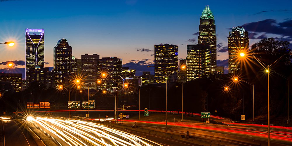 Late evening commuters in uptown Charlotte 