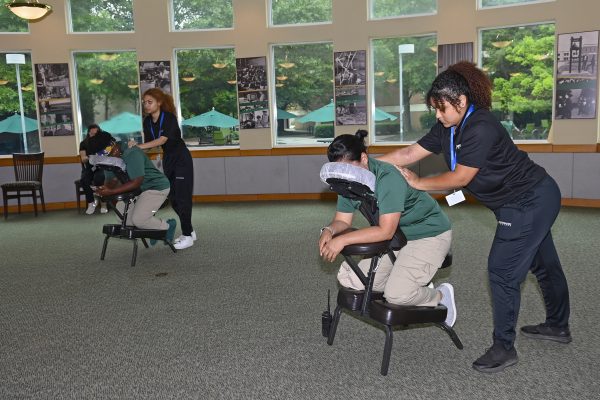 Charlotte staff receive massages at the Chancellor's Staff Appreciation event